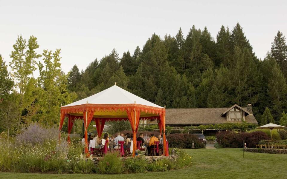 Guests share an intimate evening on the lawn at Lambert Bridge Winery