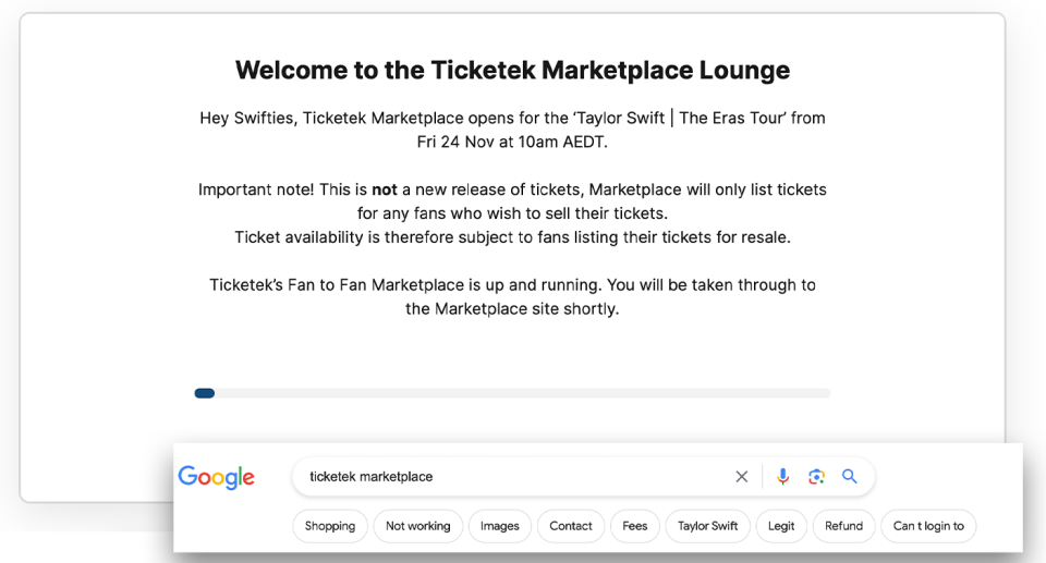 Ticketek's Marketplace for Taylor Swift tickets featured in a screen grab from Google search. 