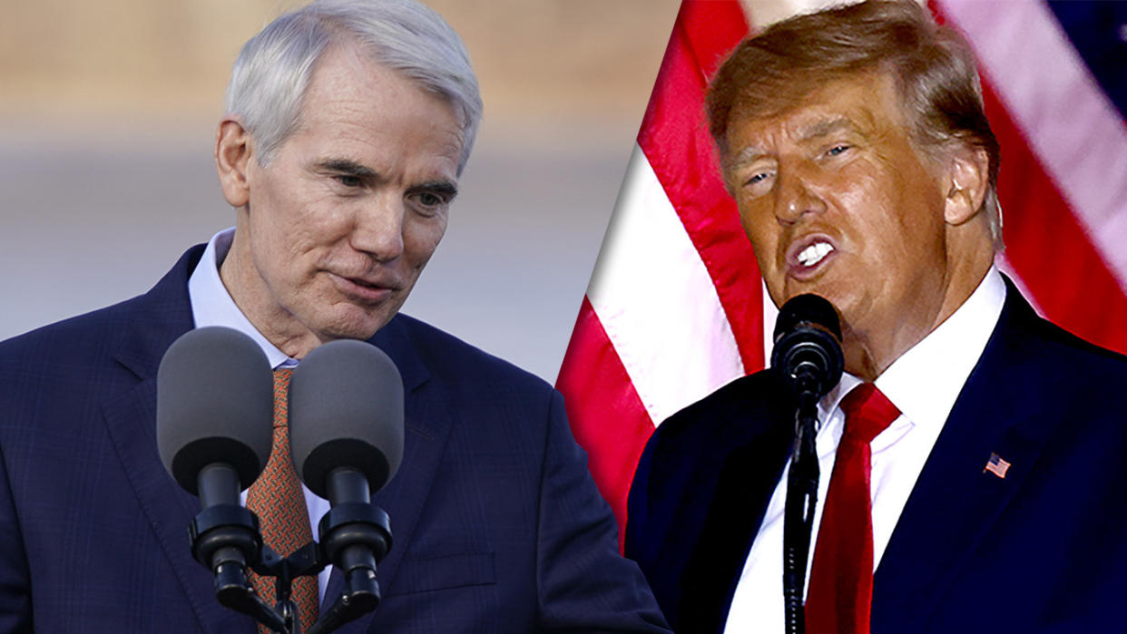 A photo collage showing former Senator Rob Portman and former President Donald Trump both standing at microphones.