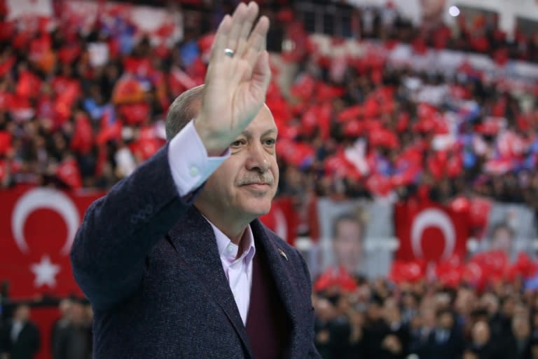 Turkish President Recep Tayyip Erdogan greets supporters during a rally in Sivas