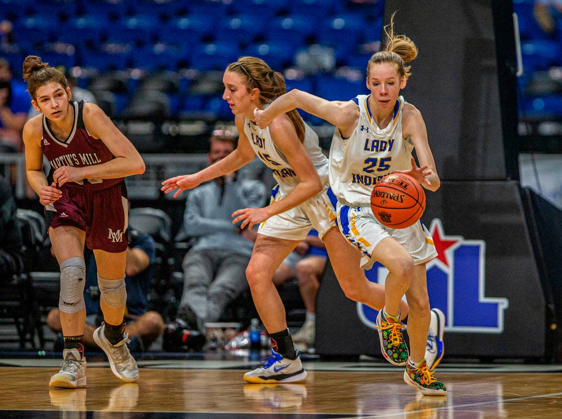 Chelsea Lott starts a fastbreak against the Lady Mustangs of Martin’s Mill during the Texas Class 2A girls basketball championship in the Alamodome in San Antonio in 2021. Lipan won 44-39.