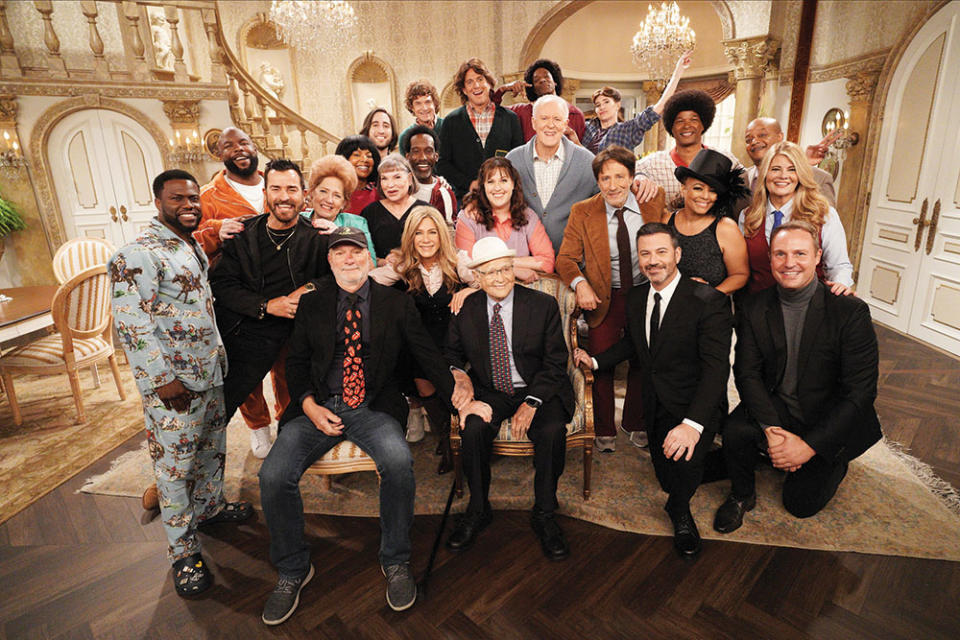 Lear surrounded by the cast and crew of 2021’s Live in Front of a Studio Audience, which revisited The Facts of Life and Diff’rent Strokes with stars including Jennifer Aniston.