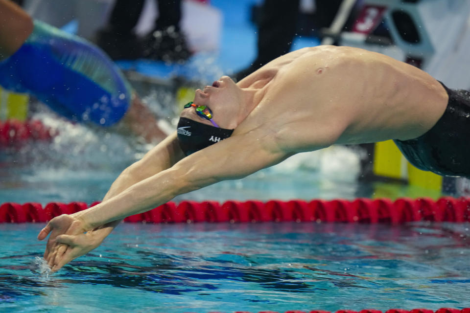 Ryan Murphy starts on his way to winning the men's 200-meter backstroke at the U.S. nationals swimming meet in Indianapolis, Wednesday, June 28, 2023. (AP Photo/Michael Conroy)