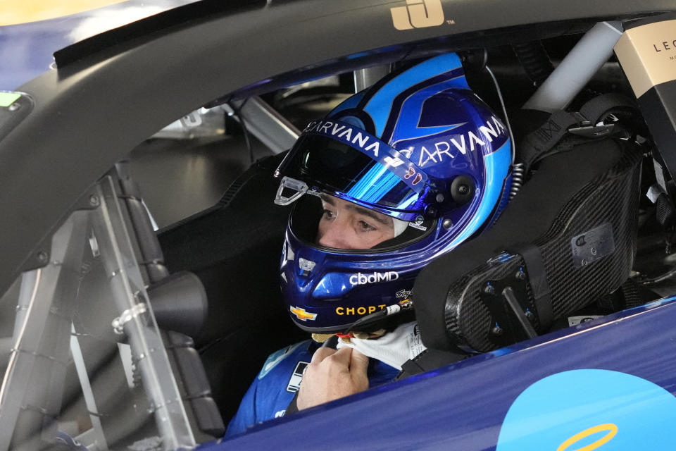 Jimmie Johnson get ready to go out on the track during a practice session for the NASCAR Daytona 500 auto race at Daytona International Speedway, Saturday, Feb. 18, 2023, in Daytona Beach, Fla. (AP Photo/John Raoux)