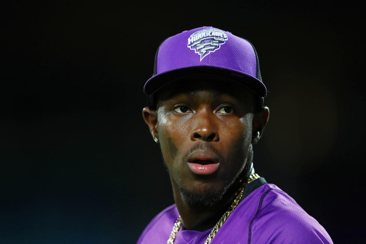 HOBART, AUSTRALIA - FEBRUARY 07:  Jofra Archer of the Hurricanes looks on during the Hurricanes v Renegades Big Bash League Match at Blundstone Arena on February 07, 2019 in Hobart, Australia. (Photo by Scott Barbour/Getty Images)