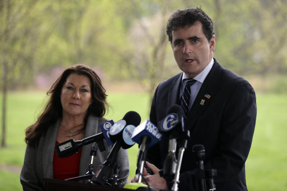 Rep. Mike Fitzpatrick, R-Pa., accompanied by Ellen Saracini, whose husband Victor was the captain of United Airlines Flight 175 that crashed into the World Trade Center on Sept. 11, 2001, speaks during a news conference at the at the Garden of Reflection memorial to local victims of the 9/11 terrorist attacks, Monday, April 29, 2013, in Yardley, Pa. Fitzpatrick proposed new legislation aimed at protecting airline passengers and pilots from the kind of terrorist attack upon the nation a dozen years ago. (AP Photo/Matt Rourke)