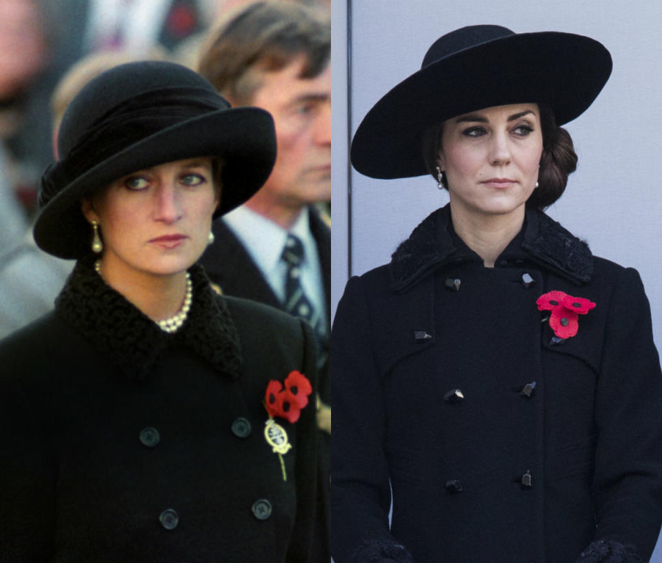 <p>At this years Remembrance Sunday Service Kate drew a striking resemblance to Diana by paying homage to the outfit she wore in 1991. [Photo: PA/ Getty] </p>