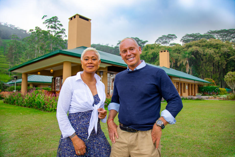 Monica and Rob outside a tea planters' bungalow at Ceylon Tea Trails resort in Sri Lanka.