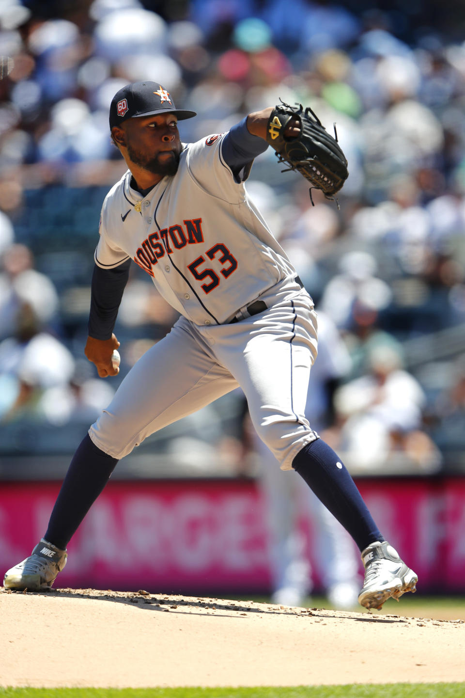 Houston Astros pitcher Cristian Javier (53) throws against the New York Yankees during the first inning of a baseball game Saturday, June 25, 2022, in New York. (AP Photo/Noah K. Murray)