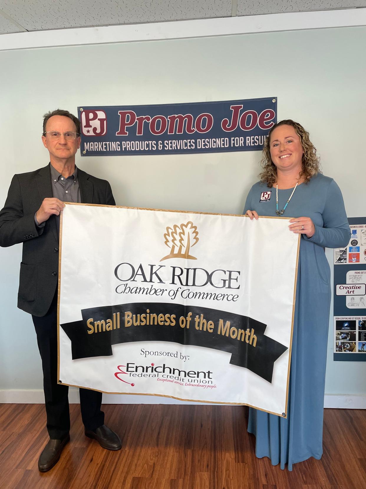 Promo Joe by Jessica was named the Oak Ridge Chamber of Commerce’s Small Business of the Month for December. Craig Peters of Enrichment Federal Credit Union, sponsor of the monthly award, with Jessica Diveto, owner of Promo Joe by Jessica.