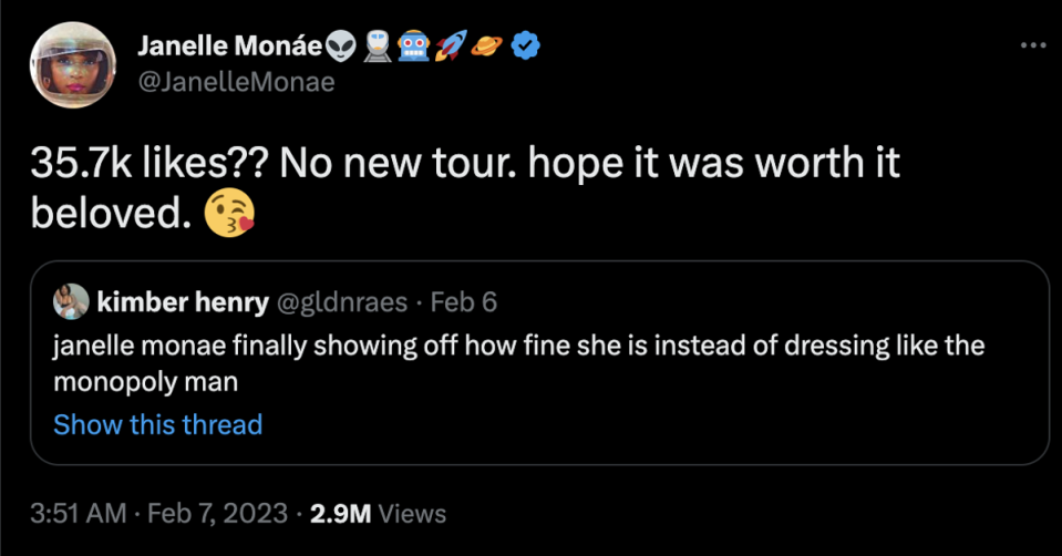 Janelle Monae replied after a fan commented on her appearance (Twitter)