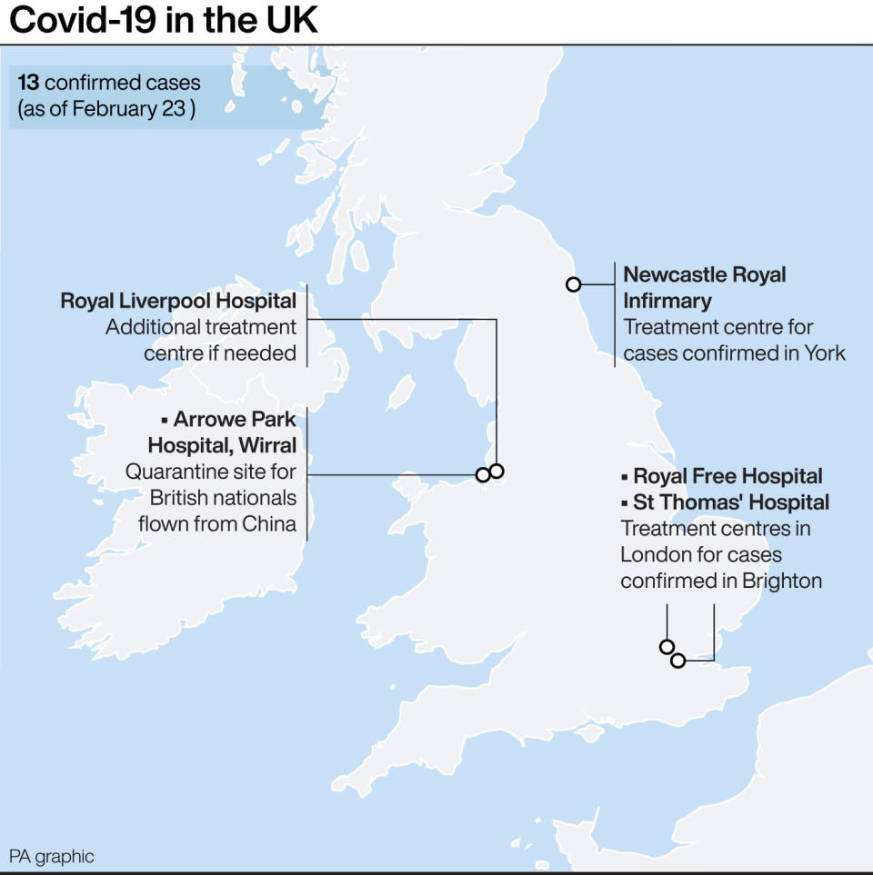 Specialist centres set up in the UK to treat coronavirus. (PA Graphics)