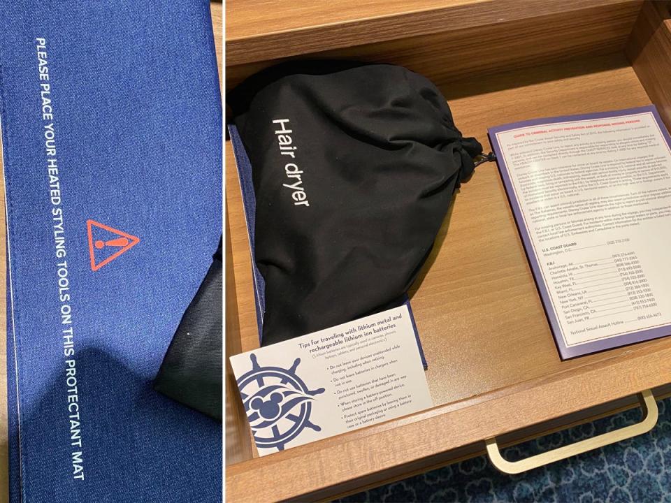 A stateroom drawer filled with safety guides and hair accessories aboard the Disney Wish.