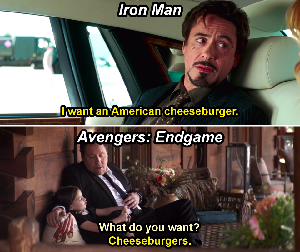 Tony Stark saying, "I want an American cheeseburger," in Iron Man and Morgan Stark responding to Happy Hogan asking her what she wants with "Cheeseburgers," in Avengers: Endgame