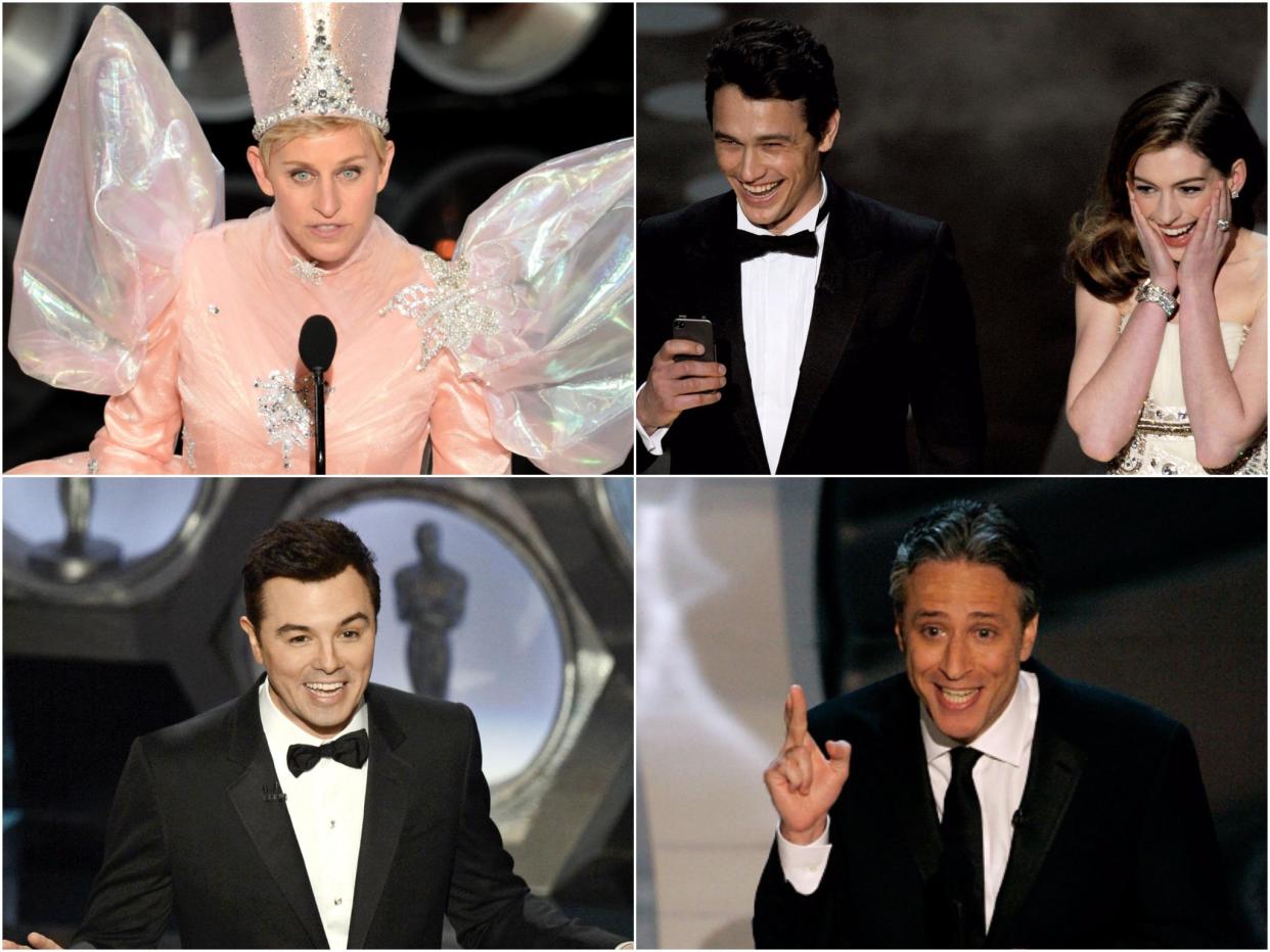 Clockwise from top right: Ellen DeGeneres, James Franco and Anne Hathaway, Jon Stewart, and Seth MacFarlane: Getty Images