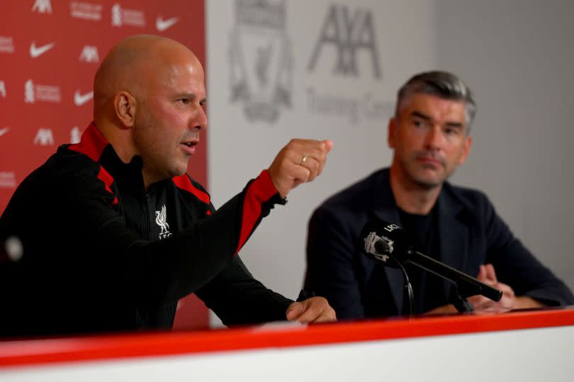 Arne Slot new head coach of Liverpool and Richard Hughes sporting director of Liverpool during thier first press conference at AXA Training Centre on July 05, 2024 -Credit:Photo by Andrew Powell/Liverpool FC via Getty Images