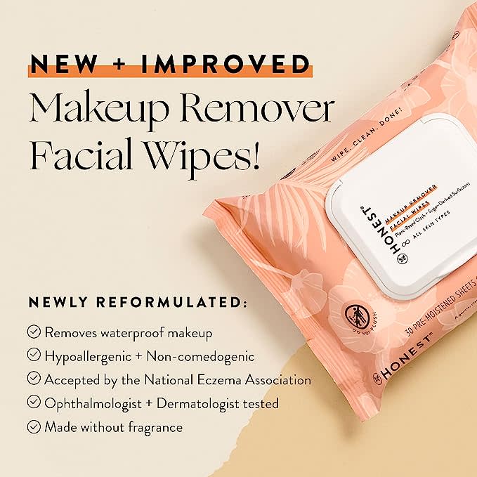Honest Beauty Makeup Remover Facial Wipes | EWG Verified, Plant-Based, Hypoallergenic | 30 Count. PHOTO: Amazon