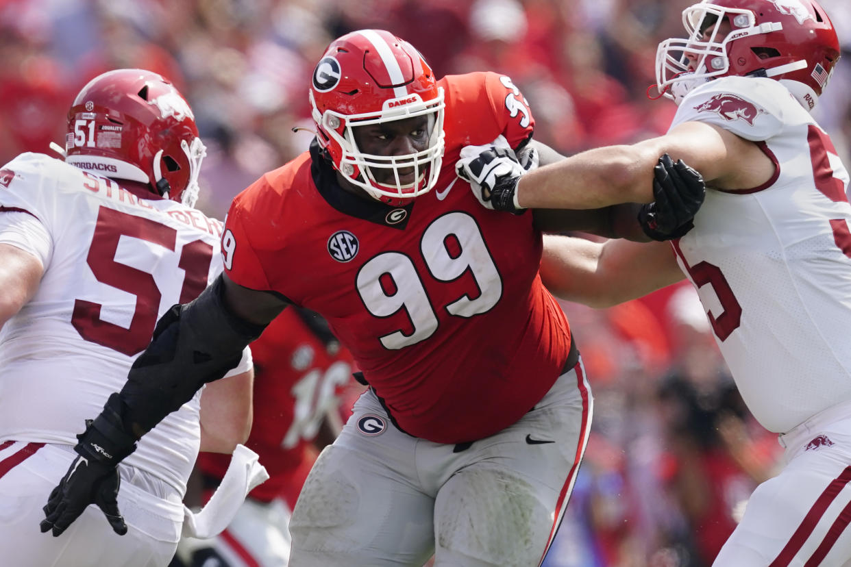 Georgia defensive lineman Jordan Davis (99) shown in action during the first half of an NCAA college football game against Arkansas Saturday, Oct. 2, 2021, in Athens, Ga. (AP Photo/John Bazemore)