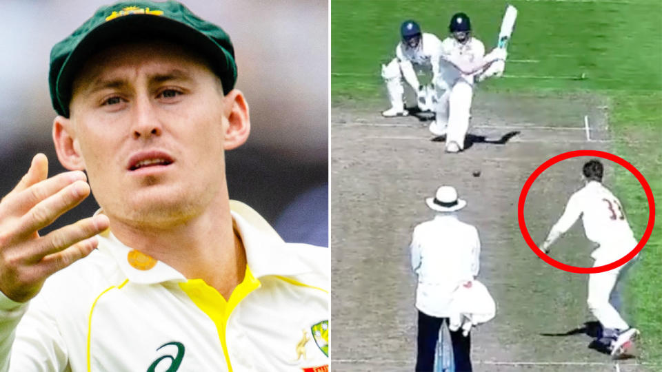 Aussie cricket star Marnus Labuschagne was the beneficiary of a contentious LBW decision in his side's England county game. Pic: Getty/Twitter