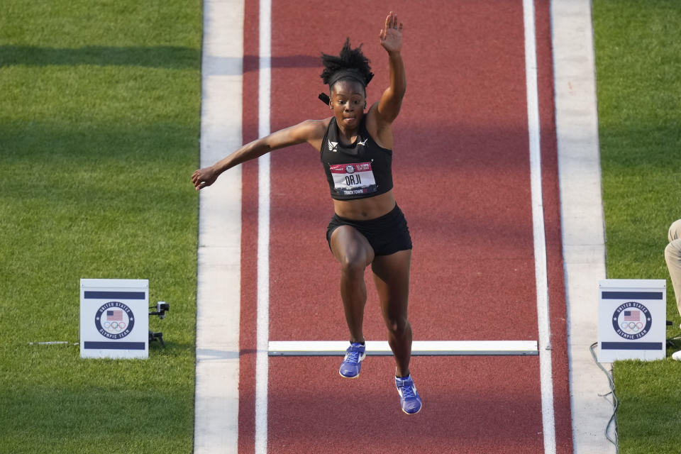 Keturah Orji competes during the finals of women's triple jump at the U.S. Olympic Track and Field Trials Sunday, June 20, 2021, in Eugene, Ore. (AP Photo/Charlie Riedel)