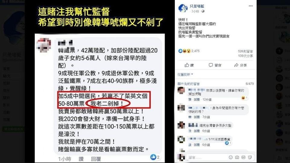 不少網友留言表示等著看結果，還有人稱說到時候別出來說自己帳號被盜，說話不算話。(圖／翻攝自臉書粉絲專頁「只是堵藍」)