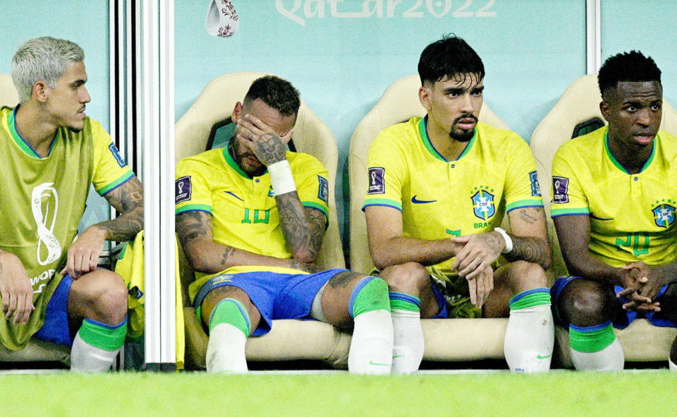 Neymar, pictured here looking on from the bench during Brazil's win over Serbia at the World Cup.