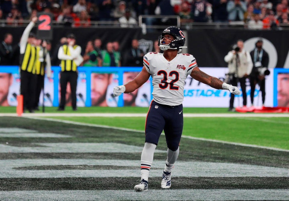 Chicago Bears' David Montgomery celebrates scoring a touchdown