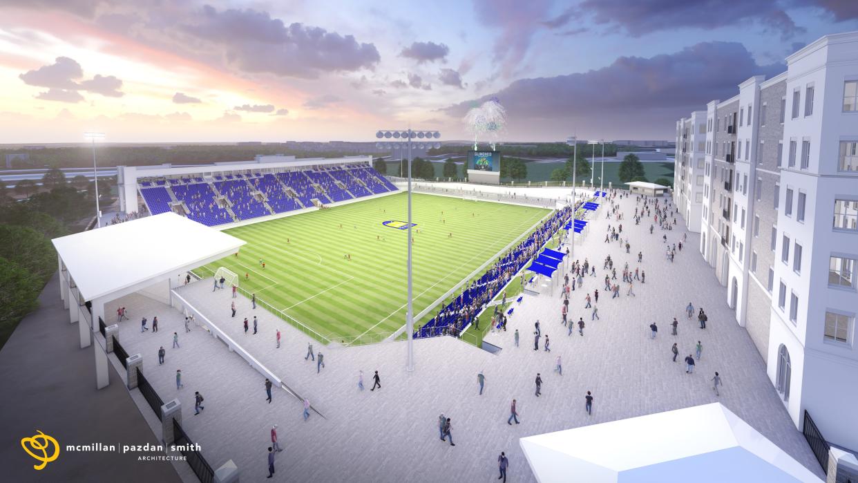 A rendering of the proposed Greenville Triumph Soccer Club stadium in Mauldin near BridgeWay Station.