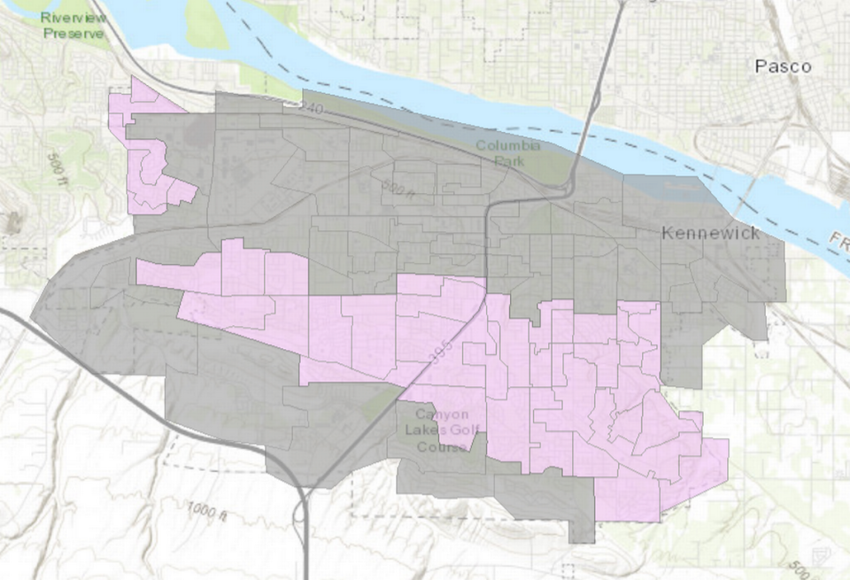 The city of Kennewick has an interactive map showing areas scheduled for water meter replacement in purple and completed areas in gray.
