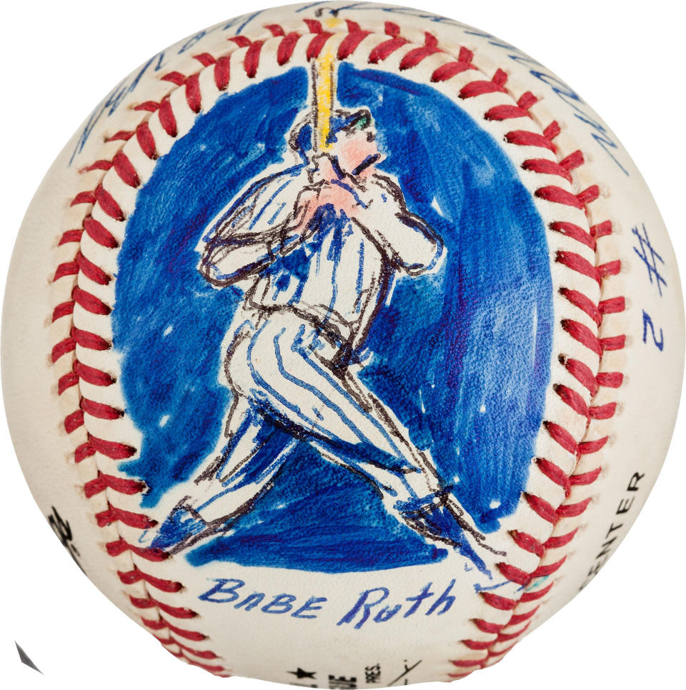 This undated photo provided by Heritage Auctions, shows a baseball decorated in 1995 by sports artist LeRoy Neiman with a likeness of Babe Ruth. It is from the collection of bank marketing executive, which will be offered in a Heritage Auctions online sale on May 16. (AP Photo/Heritage Auctions)