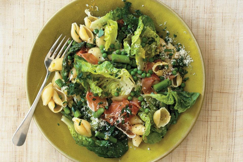 Pasta with Peas, Asparagus, Butter Lettuce, and Prosciutto