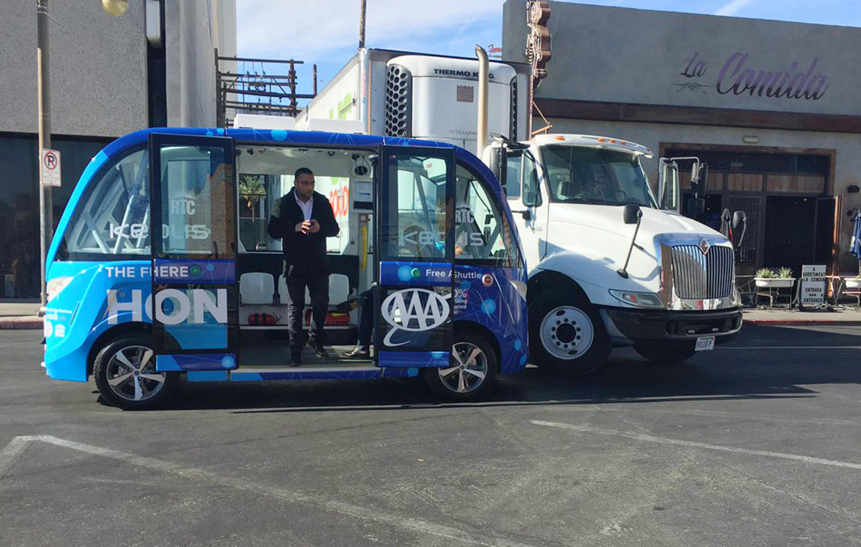 <em>The driverless shuttle bus collided with a delivery truck in Las Vegas less than two hours after the automated ride service was launched (AP)</em>