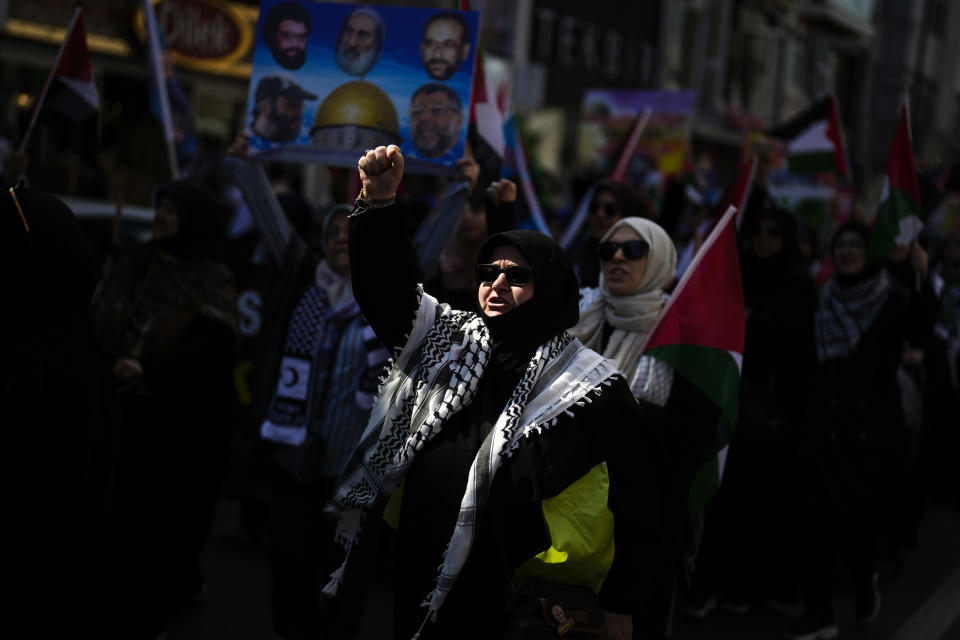 Supporters of Palestinians in Gaza protest in Istanbul, Turkey, Friday, April 5, 2024. (AP Photo/Khalil Hamra)