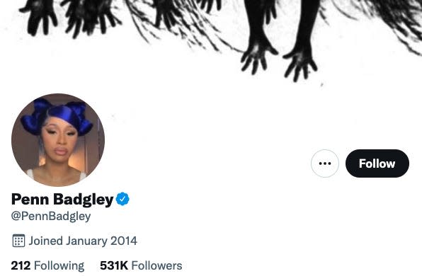 an image of Pen Badgley's Twitte rprofile, which features an image of Cardi B with blue hair as its profile pic