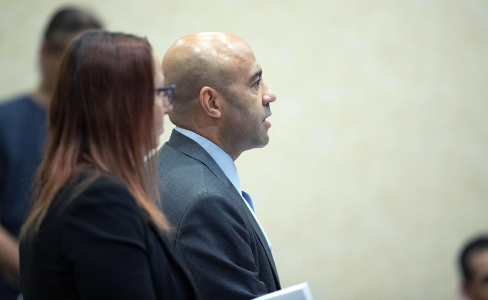 Attorney Michael Wilfong, representing former actor Nathan Lee Chasing His Horse, also known as Nathan Chasing Horse, speaks to the judge in North Las Vegas Justice Court Thursday, Feb. 2, 2023, in North Las Vegas, Nev. Chasing Horse was arrested Jan. 31 on possible charges related to sex trafficking, sexual assault of a child younger than 16 and child abuse, according to court records. (Steve Marcus/Las Vegas Sun via AP)