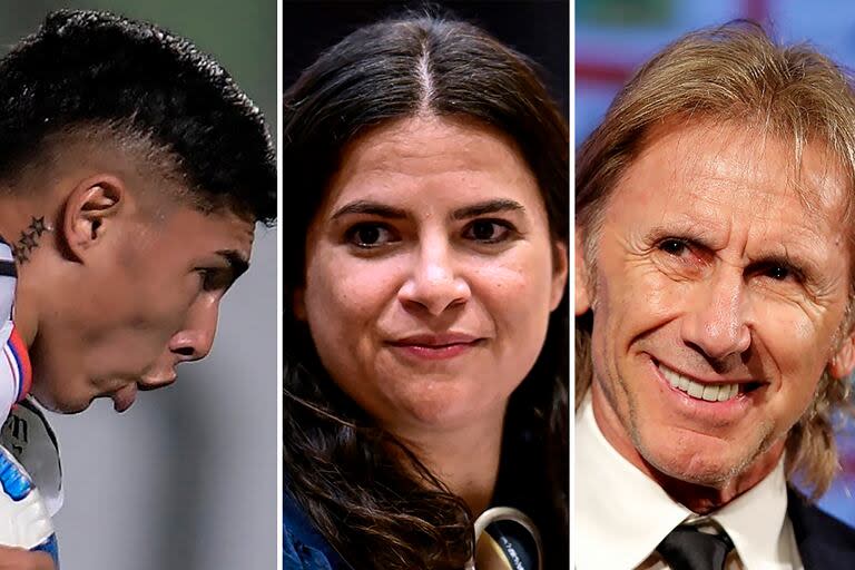 Jordhy Thompson, el jugador cuestionado; la ministra Antonia Orellana y Ricardo Gareca, DT de Chile