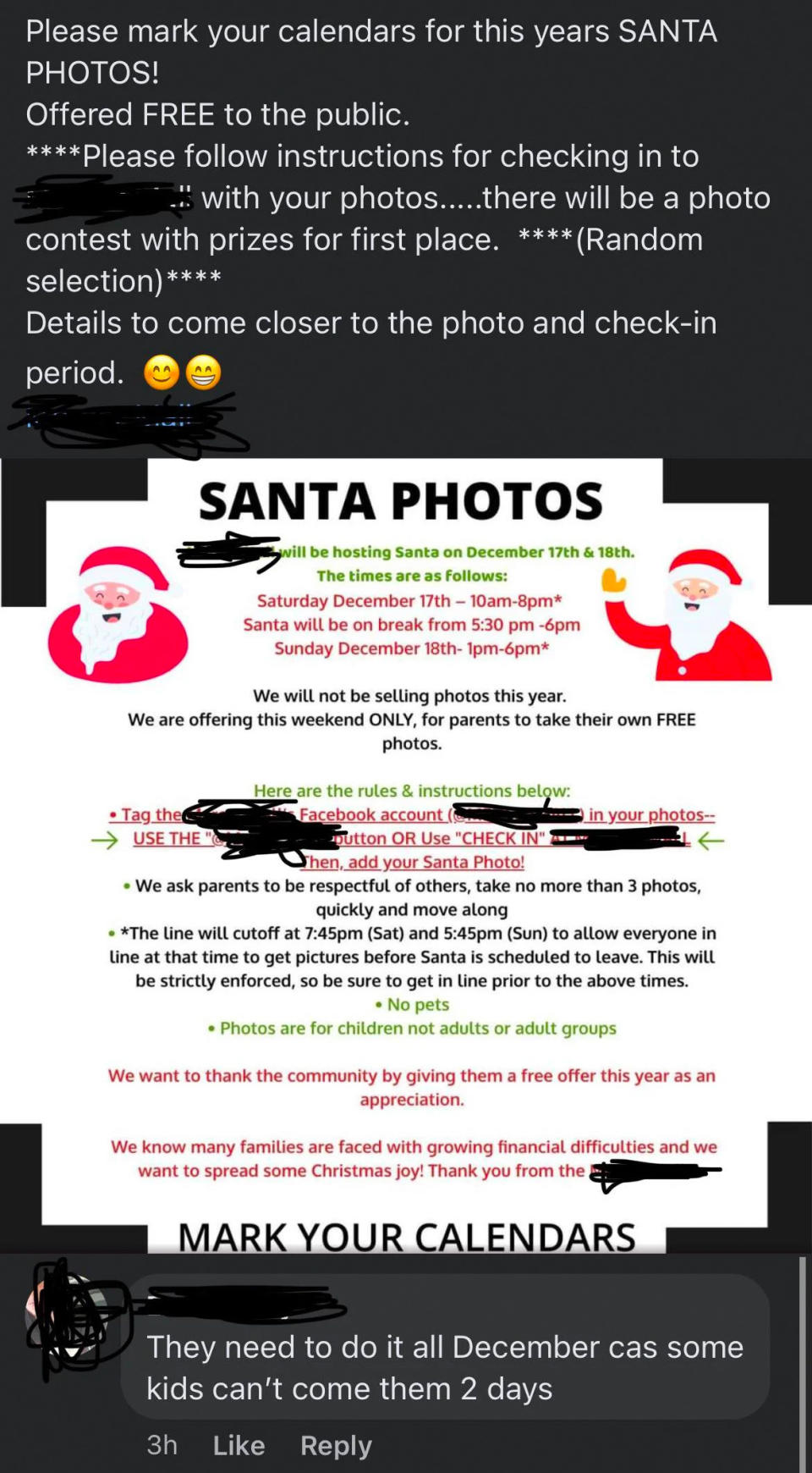 Person complaining about two free Santa photo days in December: "They need to do it all December as some kids can't come them 2 days"