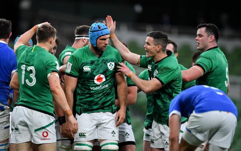 Ireland players, from left, Garry Ringrose, Tadhg Beirne, Jonathan Sexton and James Ryan celebrate their side's first try during the Guinness Six Nations Rugby Championship match between Ireland and Italy at the Aviva Stadium in Dublin.  - GETTY IMAGES