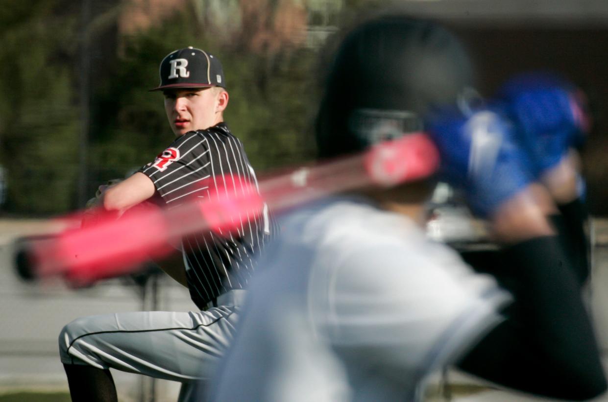 Elkhart Lake-Glenbeulah’s Ethan Fromm (7) winds up a pitch to a Kohler/Christian batter at Ebben Field, Tuesday, April 9, 2024, in Kohler, Wis.