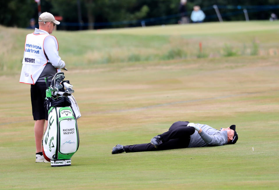 <p>England;s Richard McEvoy stretching on day two of the ISPS Handa World Invitational at Galgorm Castle Golf Club. Picture Date: Friday July 30, 2021.</p>
