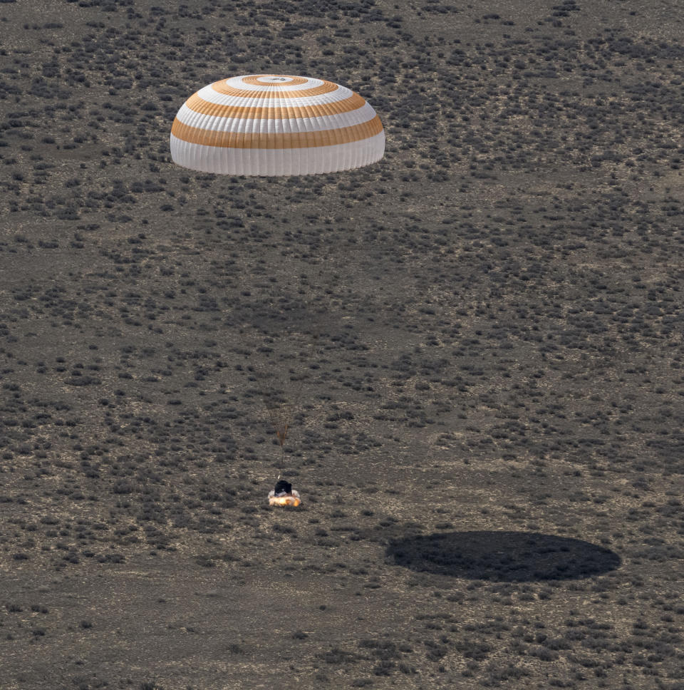 The Soyuz MS-24 spacecraft is seen as it lands in a remote area near the town of Dzhezkazgan, Kazakhstan with NASA's astronaut Loral O'Hara, Russia’s Oleg Novitsky and Belarus spaceflight participant Marina Vasilevskaya, Saturday, April 6, 2024. (Bill Ingalls/NASA via AP)