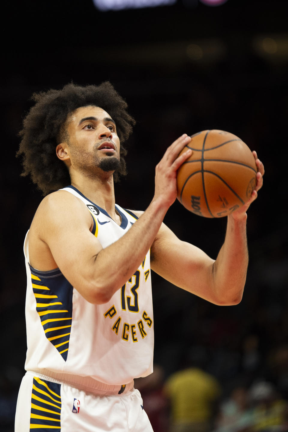 Indiana Pacers forward Jordan Nwora shoots a foul shot during the second half of an NBA basketball game against the Atlanta Hawks, Saturday, March 25, 2023, in Atlanta. (AP Photo/Hakim Wright Sr.)