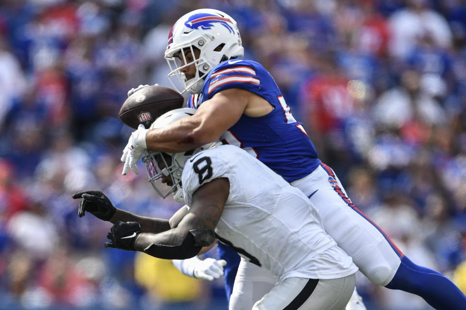 Buffalo Bills' Matt Milano intercepts a pass to Las Vegas Raiders' Josh Jacobs (8) during the second half of an NFL football game, Sunday, Sept. 17, 2023, in Orchard Park, N.Y. (AP Photo/Adrian Kraus)