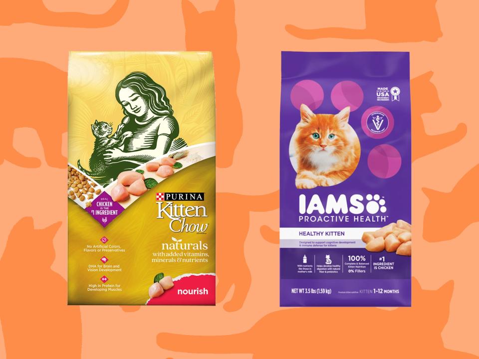 Two bags of kitten food from Purina and Iams on an orange background patterned with cat silhouettes.