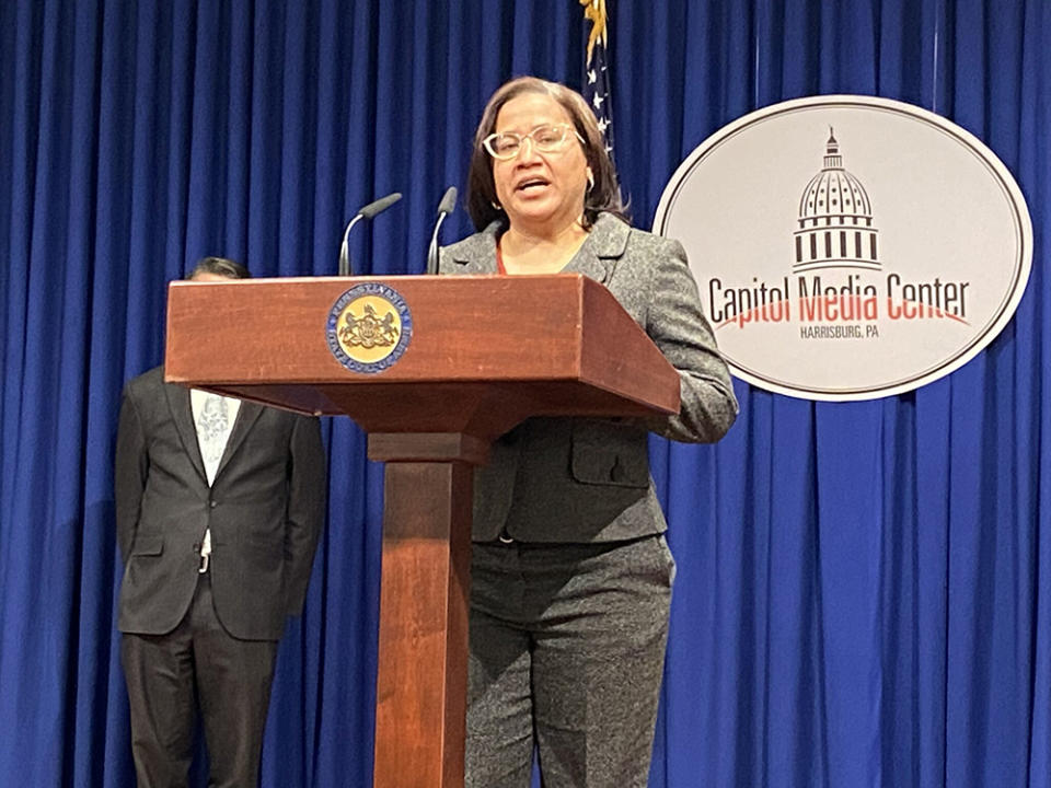 State Rep. Donna Bullock, D-Philadelphia, speaks at a news conference at the state Capitol on Monday, 3/29/22 (John L. Micek / Pennsylvania Capital-Star)