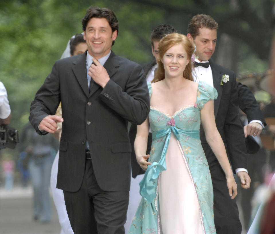 Patrick Dempsey and Amy Adams during Patrick Dempsey, Amy Adams and Jeff Watson on the Set of Disney's 