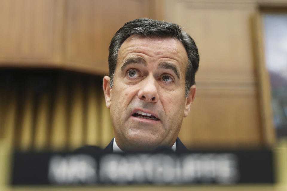 FILE - In this Wednesday, July 24, 2019, file photo, Rep. John Ratcliffe, R-Texas., questions former special counsel Robert Mueller as he testifies before the House Intelligence Committee hearing on his report on Russian election interference, on Capitol Hill in Washington. President Donald Trump says John Ratcliffe, his pick for national intelligence director, to stay in Congress, cites unfair media coverage. (AP Photo/Andrew Harnik, File)