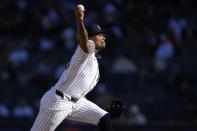 New York Yankees' Dennis Santana pitches during the ninth inning of a baseball game against the Toronto Blue Jays Sunday, April 7, 2024, in New York. The Yankees won 8-3. (AP Photo/Frank Franklin II)