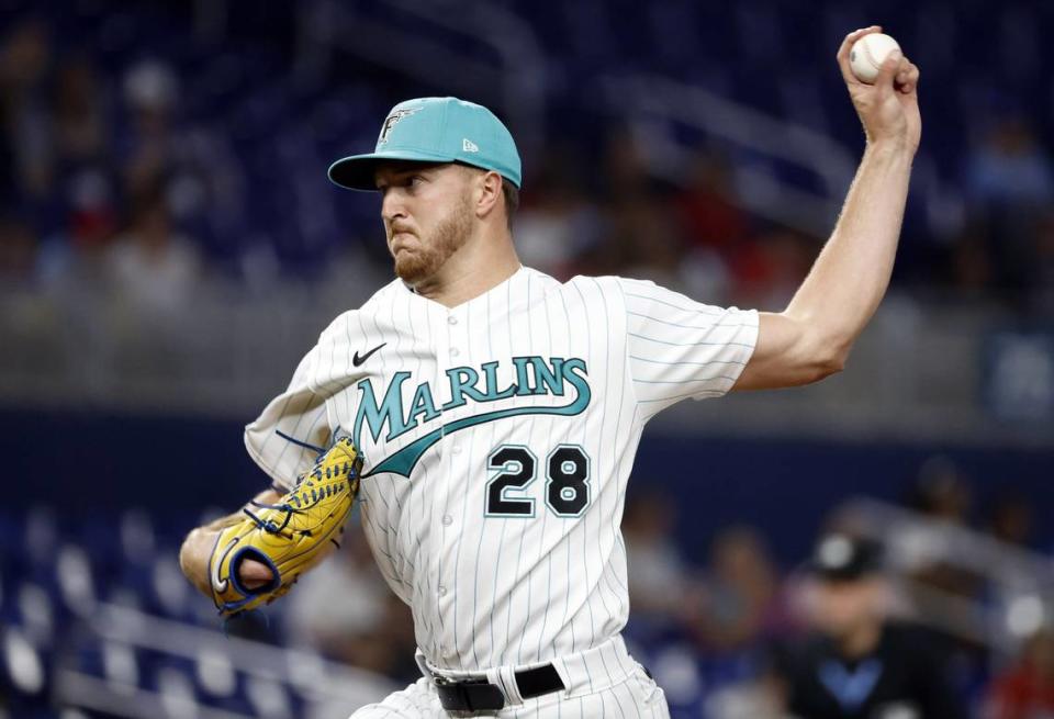 Miami Marlins starting pitcher Trevor Rogers (28)pitches against the Arizona Diamondbacks during the first inning at loanDepot Park on Friday, April 14, 2023.