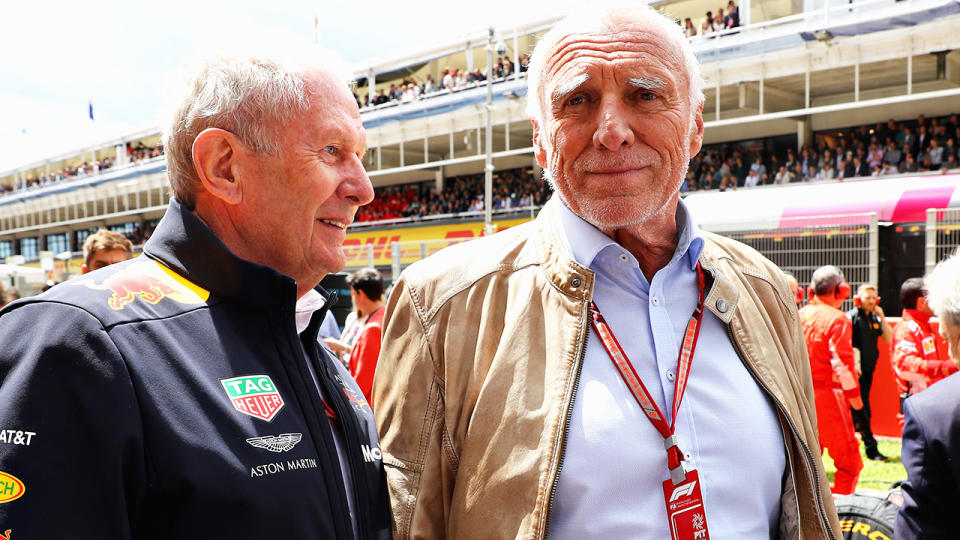 Dietrich Mateschitz (R) with Helmut Marko at the Spanish Grand Prix in 2018. (Photo by Mark Thompson/Getty Images)